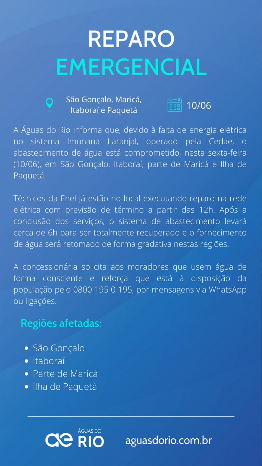 Águas do Rio diz que problema no abastecimento de água foi causado por  falta de energia elétrica - Maricá Info